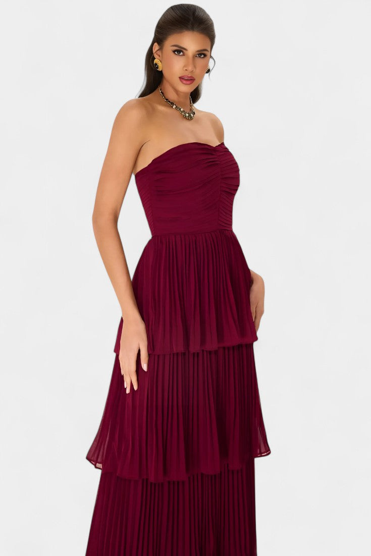 June Strapless Pleated Tiered Maxi Dress