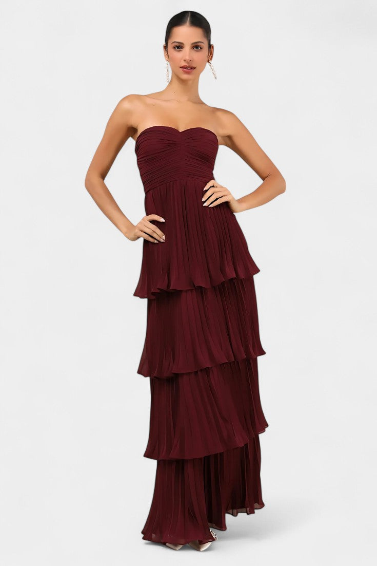 June Strapless Pleated Tiered Maxi Dress