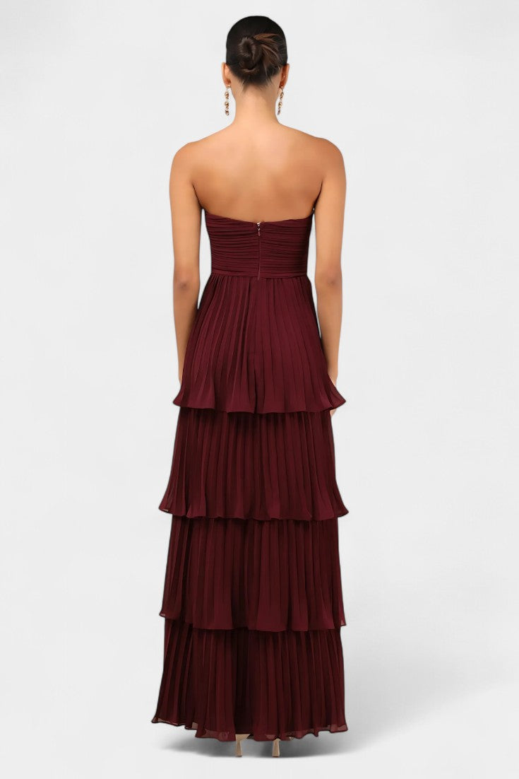 June Strapless Pleated Tiered Maxi Dress