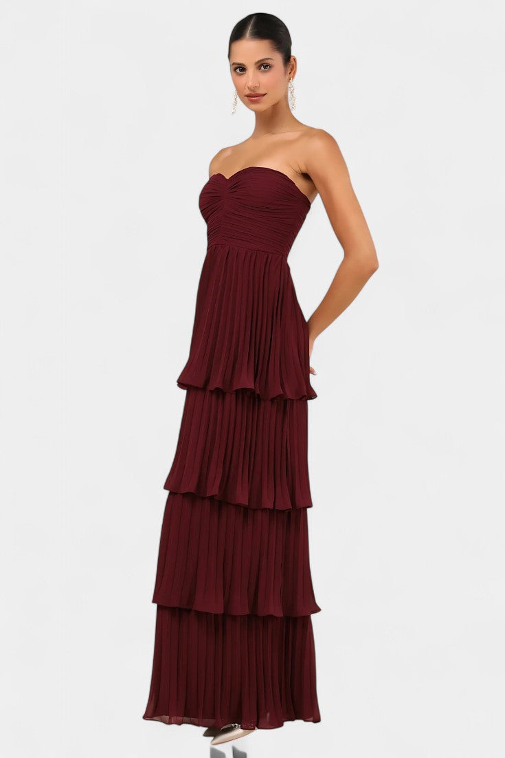 June Strapless Pleated Tiered Maxi Dress