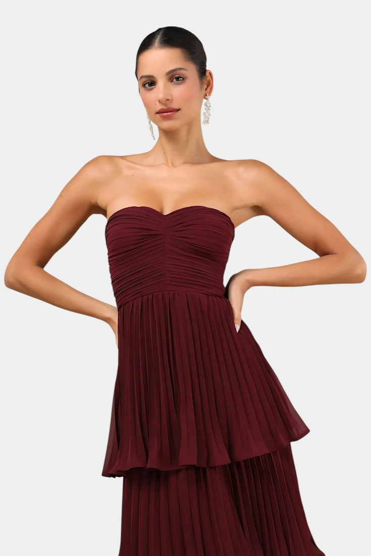 June Strapless Pleated Tiered Maxi Dress