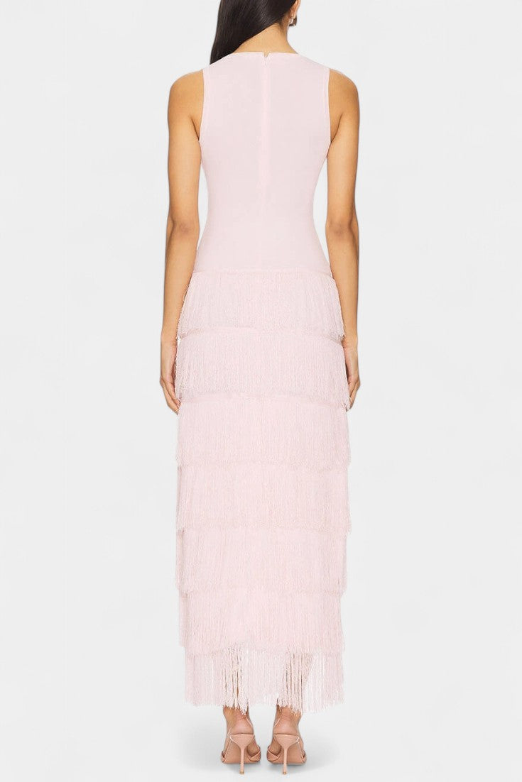 Kalani Layered Fringe Side-Slit Maxi Dress
