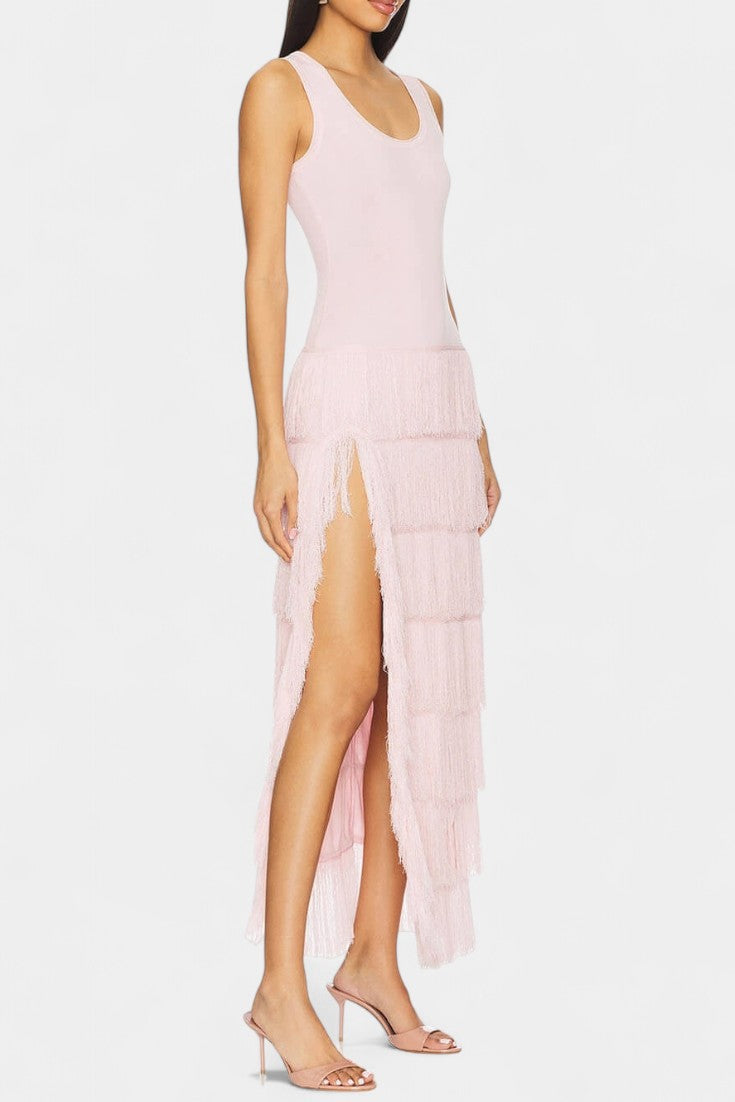 Kalani Layered Fringe Side-Slit Maxi Dress