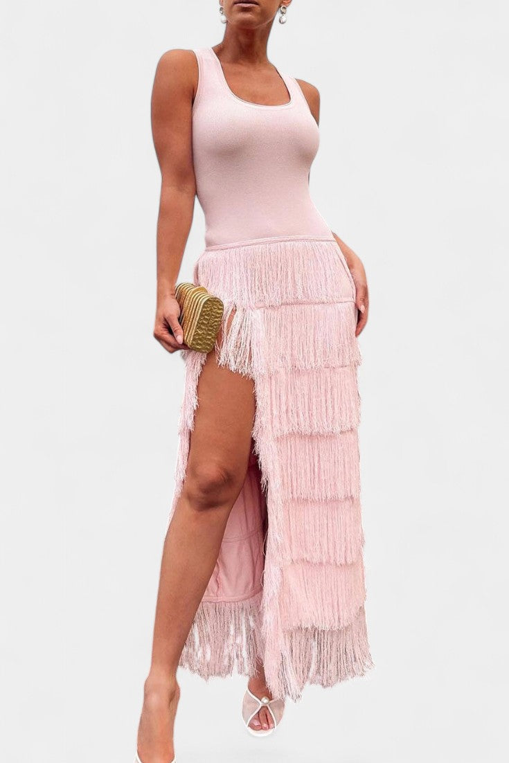 Kalani Layered Fringe Side-Slit Maxi Dress