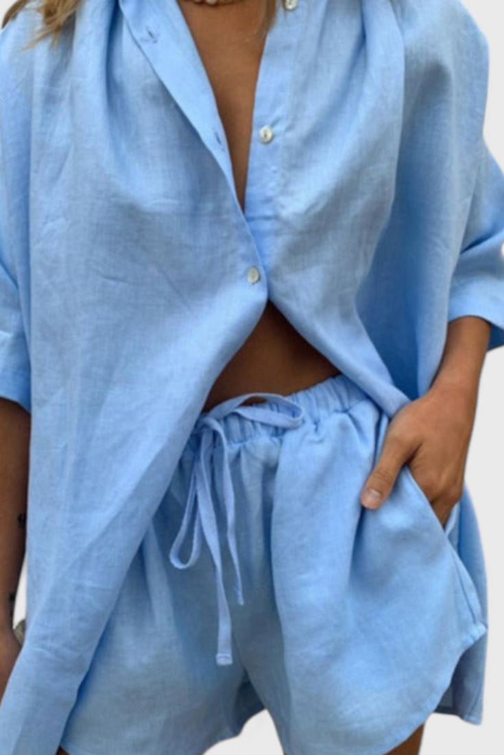 Anika Two-Piece Set with Button Shirt & Drawstring Shorts