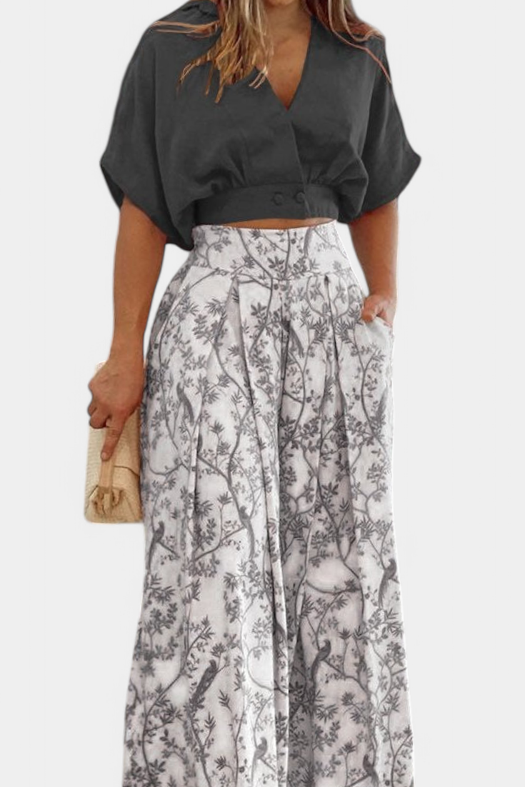 Olivia V-Neck Top & Wide-Leg Trousers Set