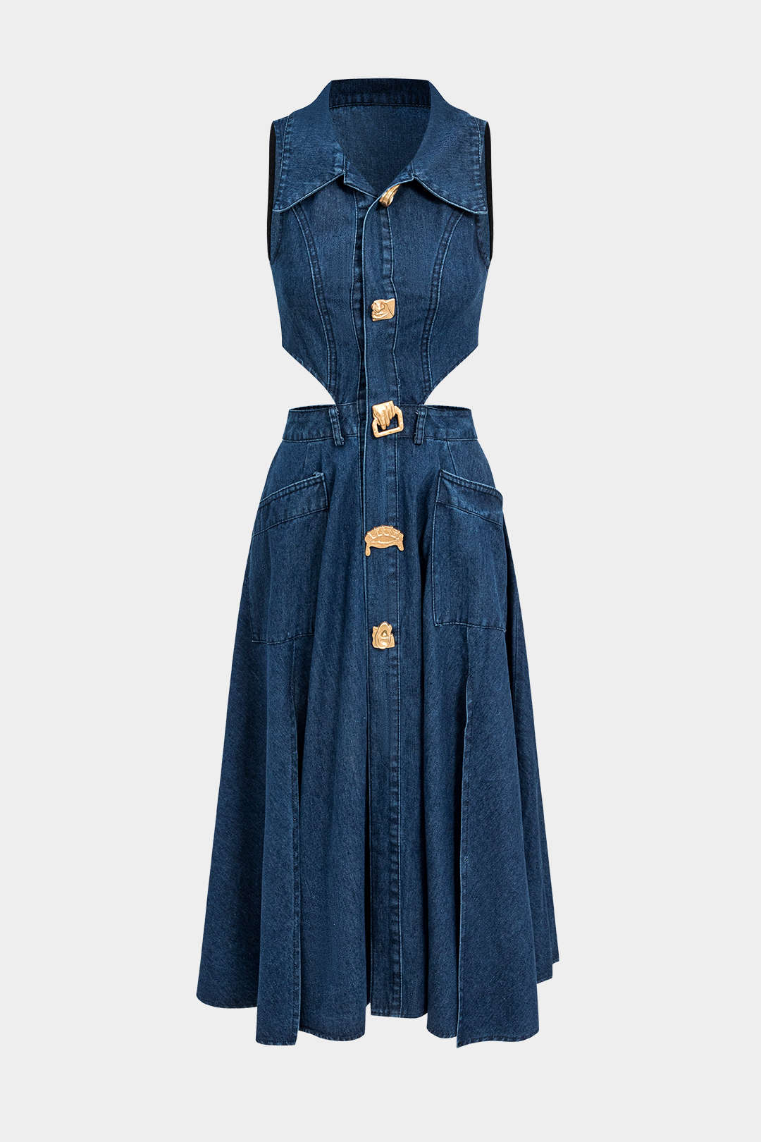 Alia Cut-Out Sleeveless Lapel Denim Dress