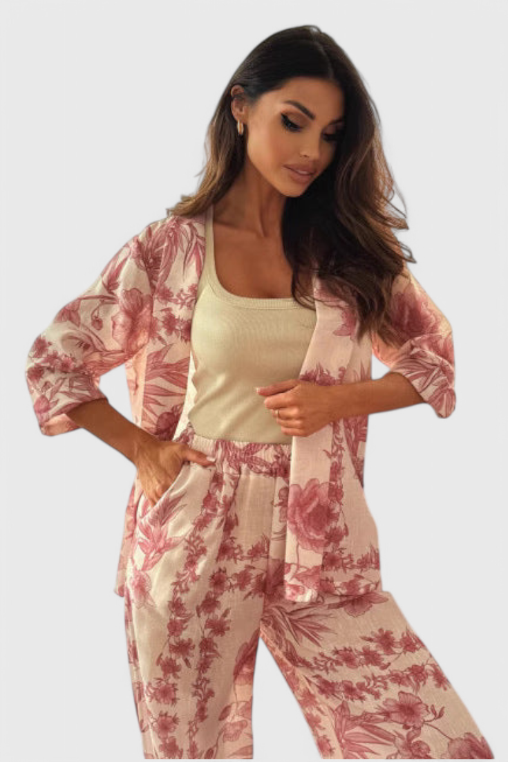 Odile Cotton Blend Set with 3/4 Sleeve Top & Pocketed Trousers