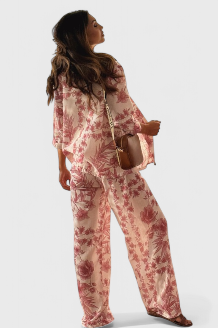 Odile Cotton Blend Set with 3/4 Sleeve Top & Pocketed Trousers