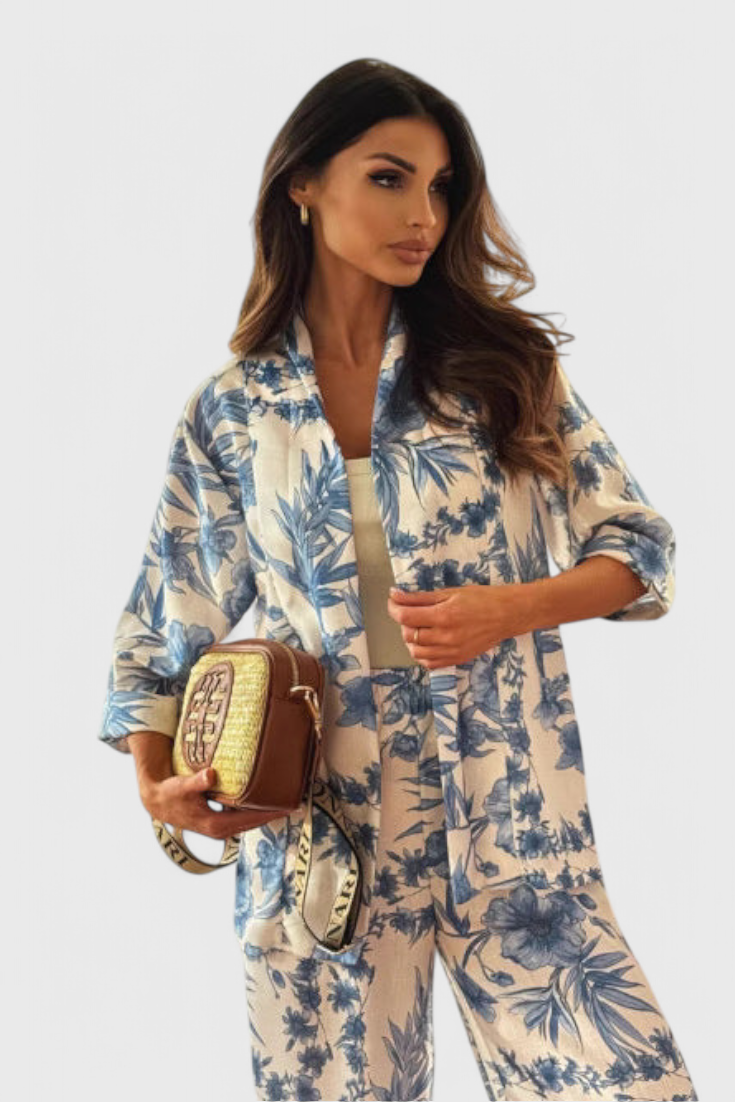Odile Cotton Blend Set with 3/4 Sleeve Top & Pocketed Trousers
