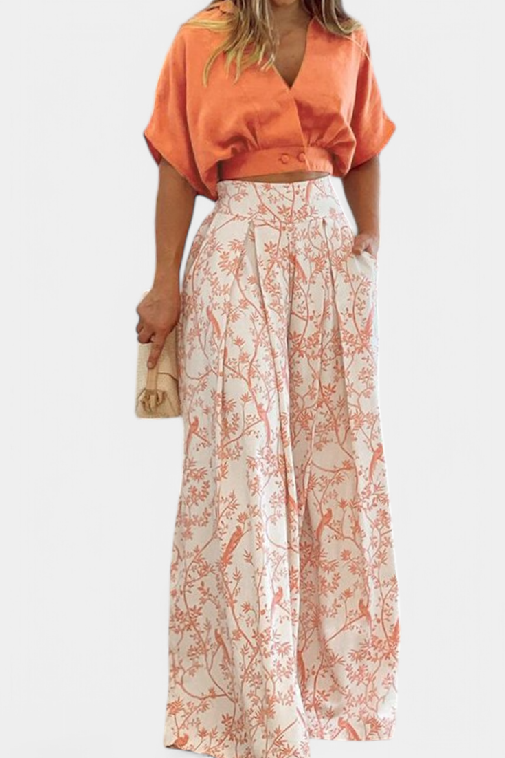 Olivia V-Neck Top & Wide-Leg Trousers Set