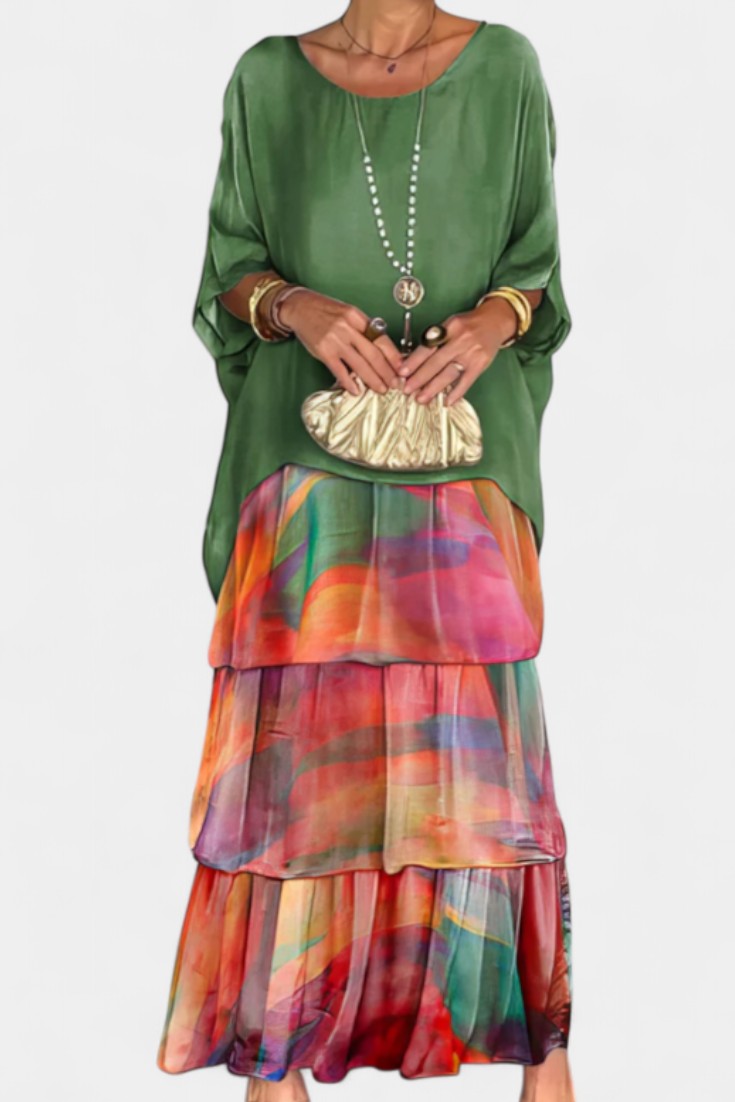 Caroline Printed Tiered Batwing Maxi Dress