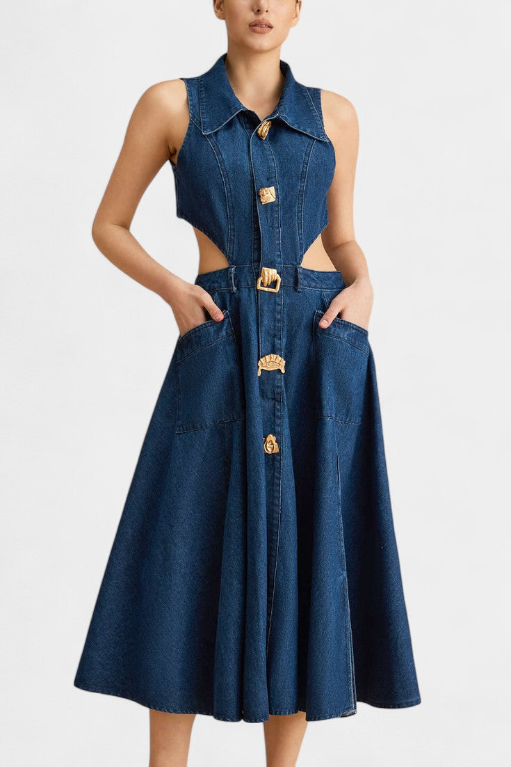Alia Cut-Out Sleeveless Lapel Denim Dress