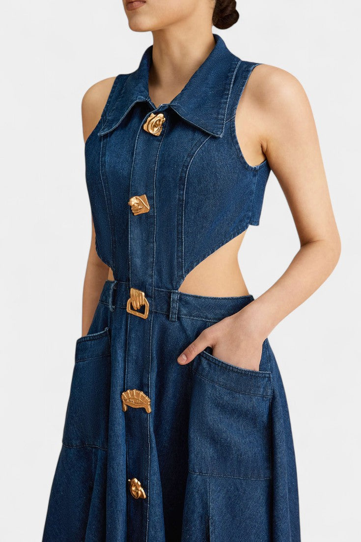 Alia Cut-Out Sleeveless Lapel Denim Dress