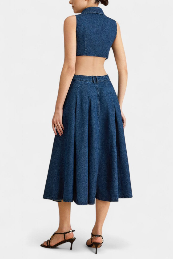 Alia Cut-Out Sleeveless Lapel Denim Dress