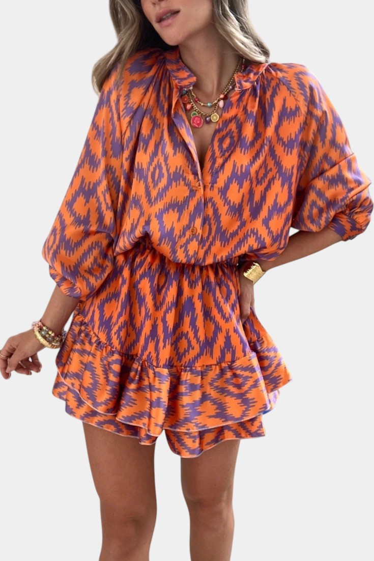 Yasmine Printed Ruffle Romper Mini Dress
