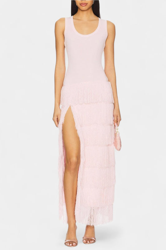 Kalani Layered Fringe Side-Slit Maxi Dress