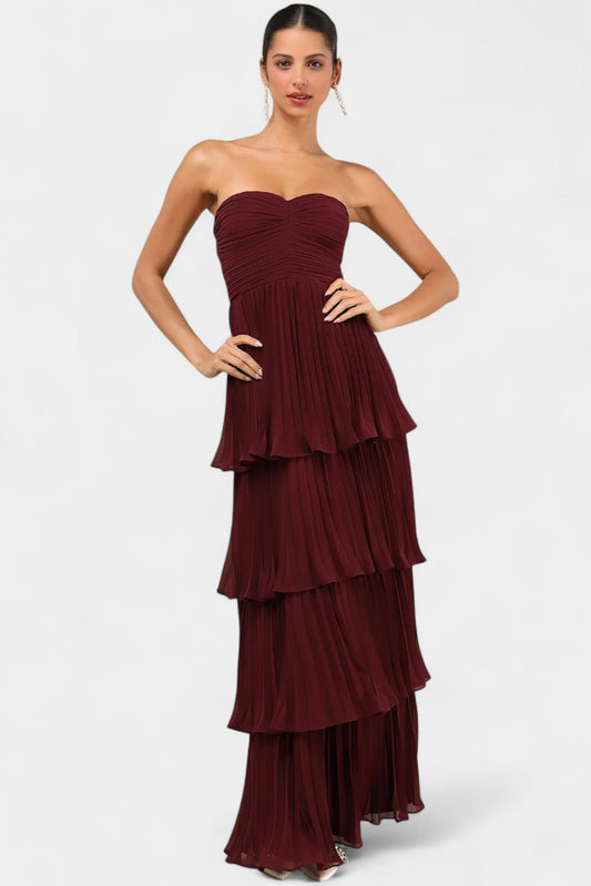 June Strapless Pleated Tiered Maxi Dress
