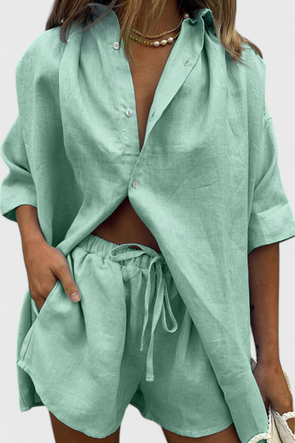 Anika Two-Piece Set with Button Shirt & Drawstring Shorts