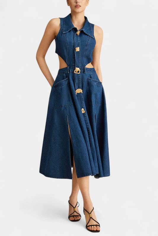 Alia Cut-Out Sleeveless Lapel Denim Dress