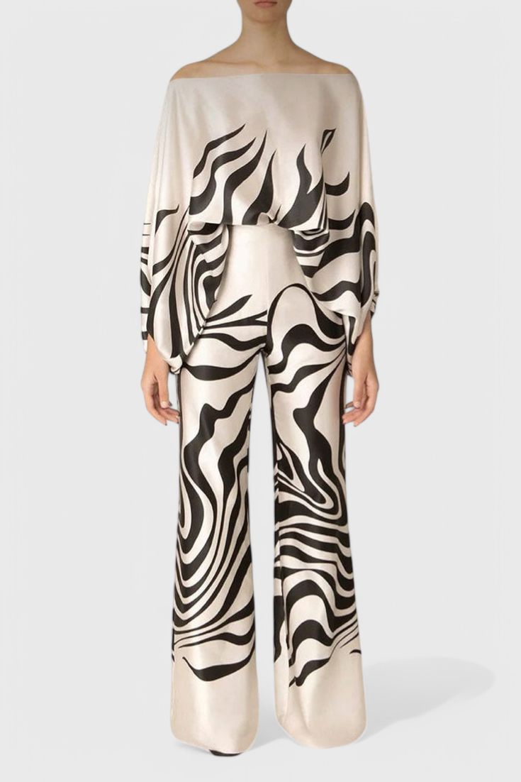 Sybella Off-Shoulder Two-Piece Set with Wide-Leg Trousers