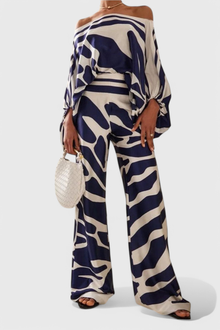 Sybella Off-Shoulder Two-Piece Set with Wide-Leg Trousers