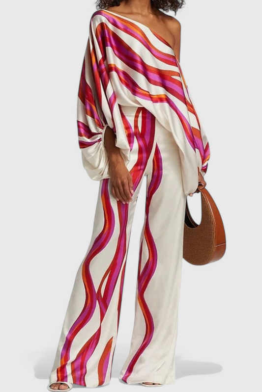 Sybella Off-Shoulder Two-Piece Set with Wide-Leg Trousers