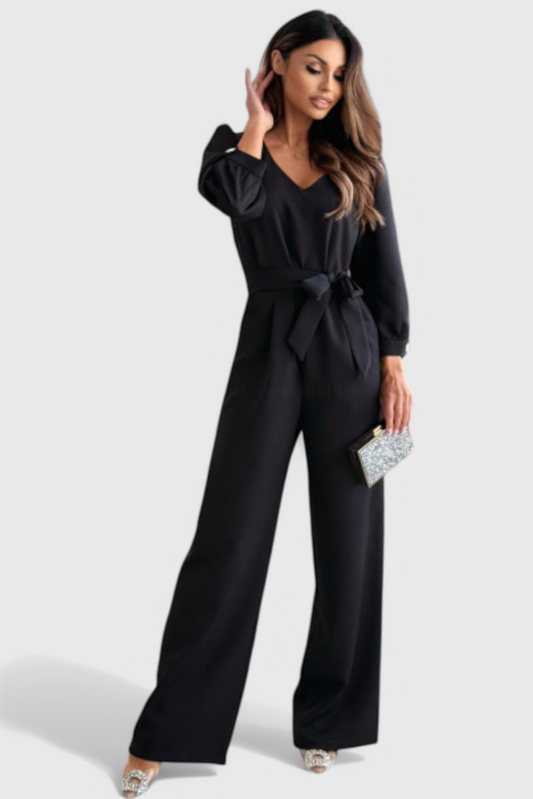 Ariane Wide-Leg V-Neck Jumpsuit with Self-Tie Waist