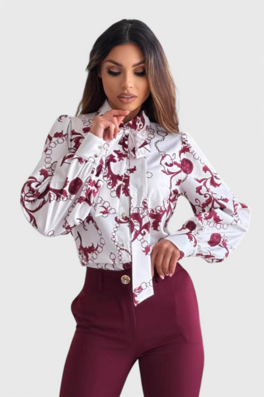 Violette Satin Printed Shirt with Bow Tie Collar