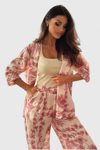 Odile Cotton Blend Set with 3/4 Sleeve Top & Pocketed Trousers