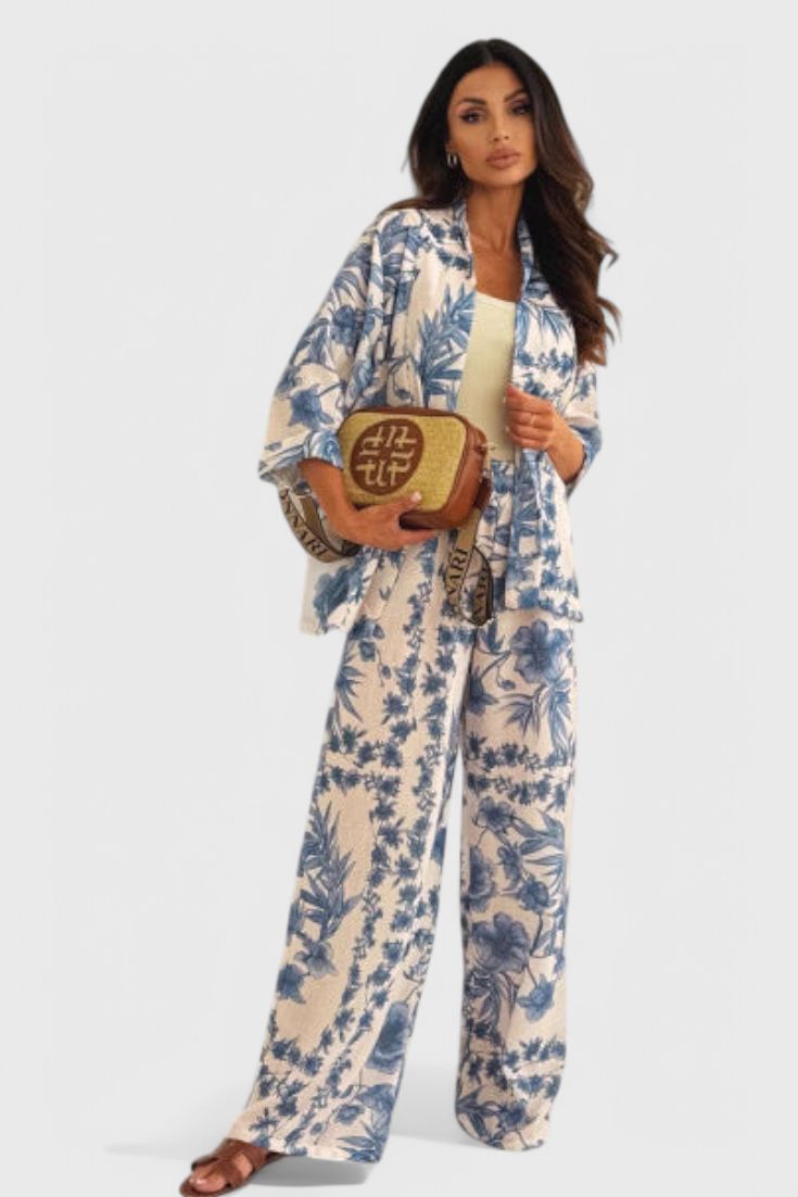 Odile Cotton Blend Set with 3/4 Sleeve Top & Pocketed Trousers