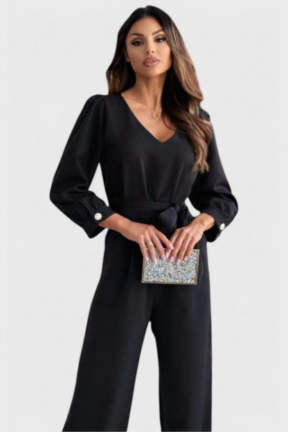 Ariane Wide-Leg V-Neck Jumpsuit with Self-Tie Waist