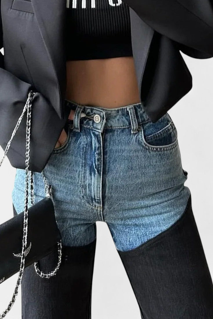 Mijie High-Waisted Patchwork Straight-Leg Jeans