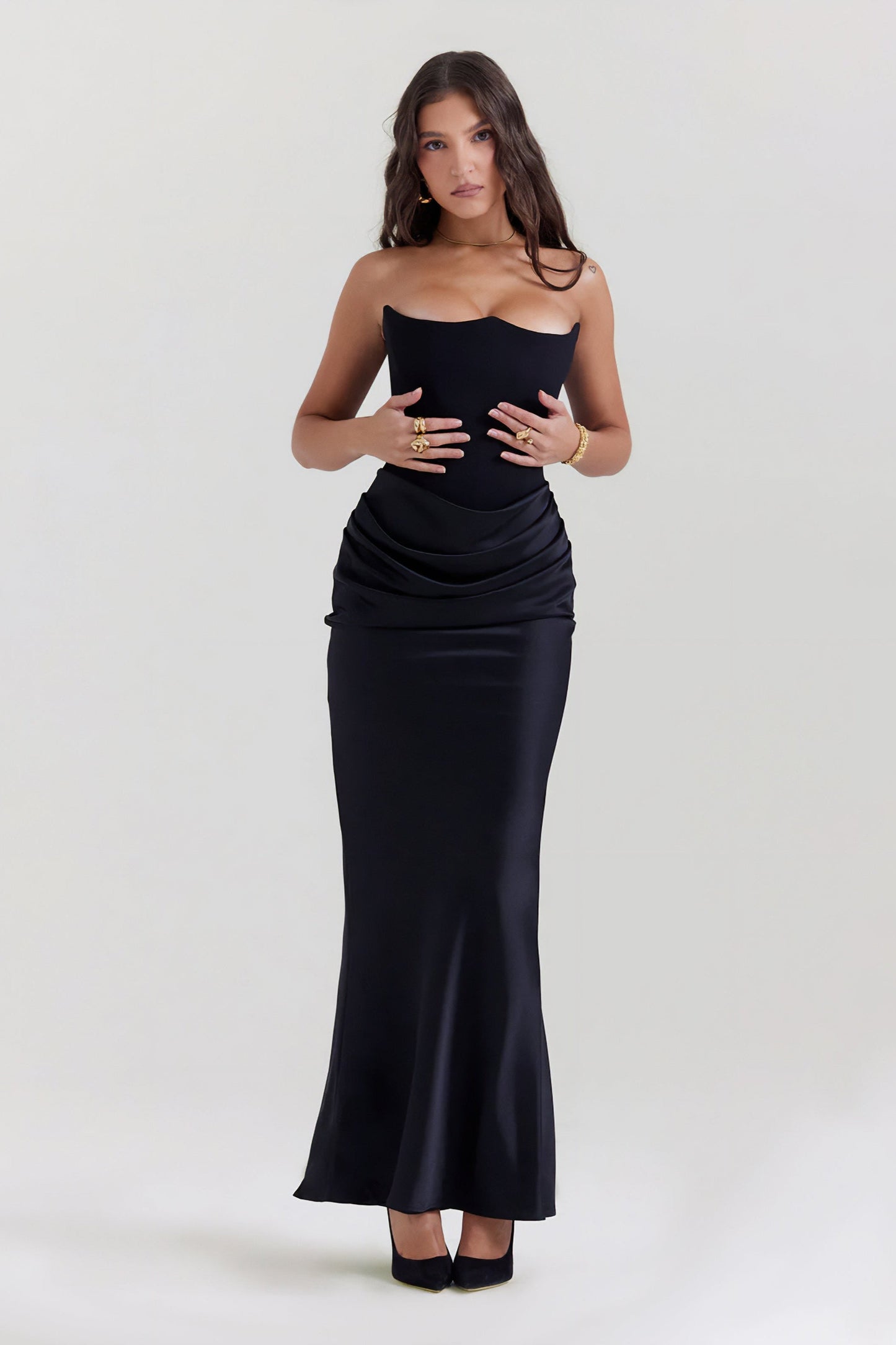 Emily Strapless Corset Draped Maxi Dress