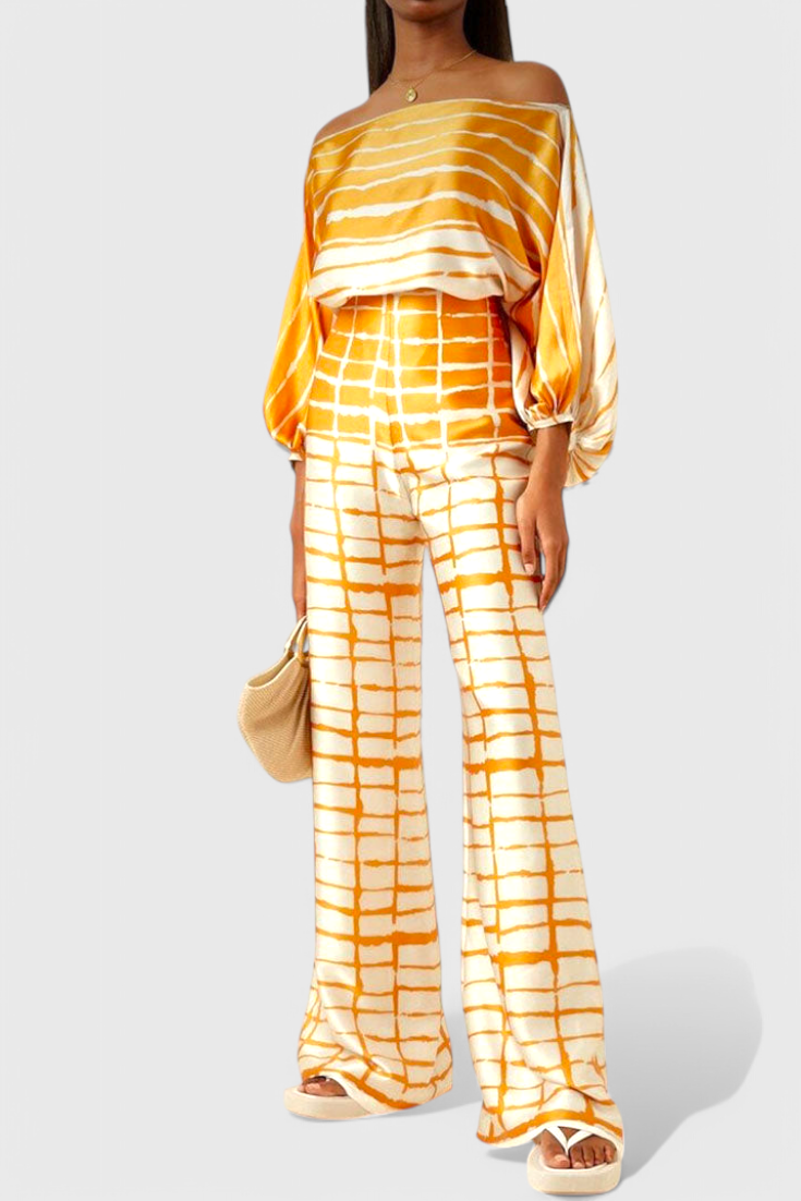 Sybella Off-Shoulder Two-Piece Set with Wide-Leg Trousers