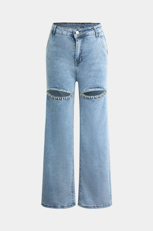 Effie Rhinestone Ripped Straight-Leg Jeans